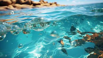 ai généré sous-marin aventure, poisson nager dans turquoise coloré mer généré par ai photo