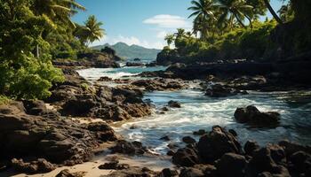 ai généré tropical paume des arbres balancement par le tranquille des eaux généré par ai photo