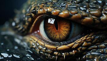 ai généré effrayant crocodile en regardant, Jaune œil dans proche en haut généré par ai photo