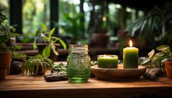 ai généré en bois table avec bougie, feuille, et plante décoration généré par ai photo