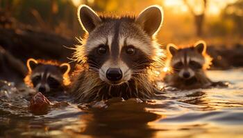 ai généré mignonne raton laveur en jouant dans le herbe à le coucher du soleil généré par ai photo