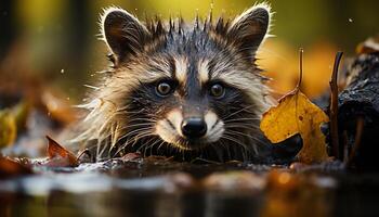 ai généré mignonne petit chiot à la recherche à caméra dans l'automne forêt généré par ai photo