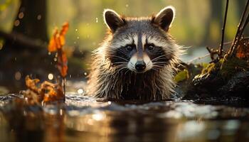 ai généré mignonne raton laveur à la recherche à caméra dans le forêt généré par ai photo