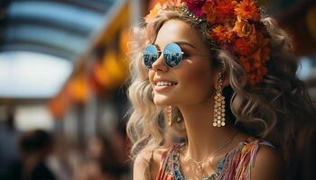 ai généré souriant Jeune femme dans des lunettes de soleil dégage élégance généré par ai photo