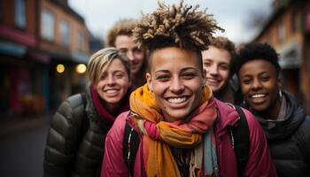 ai généré une de bonne humeur groupe de Jeune adultes souriant en plein air généré par ai photo