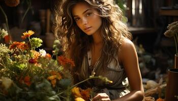 ai généré Jeune femme avec marron cheveux souriant en plein air avec fleurs généré par ai photo