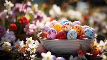 ai généré magnifique coloré Pâques des œufs sur printemps paysage. Pâques Contexte photo