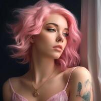 ai généré magnifique fille avec vibrant rose cheveux, une déformé tatouage sur sa bras, portant une Collier et une correspondant à rose Haut photo