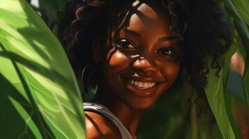 ai généré africain américain Jeune femme sourire proche en haut portrait, entouré par vibrant vert feuilles photo