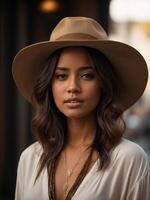 ai généré une jolie Jeune femme dans une à larges bords chapeau et blanc haut, avec une Collier photo