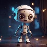 ai généré une peu robot comme une poupée pour enfant, une petit humanoïde robot, permanent sur une en bois surface au milieu de une vaguement allumé, rempli d'étincelles atmosphère photo