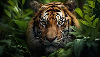 ai généré Bengale tigre cache dans tropical forêt tropicale, regarder avec majestueux beauté généré par ai photo