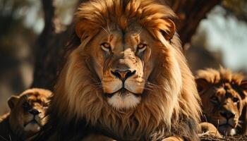 ai généré majestueux lionne en marchant dans le africain région sauvage, vigilance dans sa yeux généré par ai photo