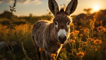 ai généré mignonne âne pâturage sur vert Prairie à le coucher du soleil dans été généré par ai photo