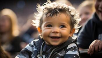 ai généré souriant enfant, de bonne humeur garçons en jouant en plein air, mignonne famille portrait généré par ai photo