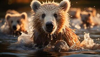 ai généré mignonne chiot en jouant dans le eau, éclabousser joyeusement généré par ai photo