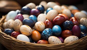 ai généré multi coloré panier décoration, proche en haut de printemps des œufs généré par ai photo