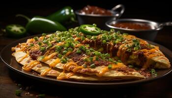 ai généré grillé du boeuf taco avec guacamole sur galette généré par ai photo