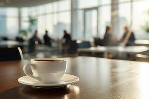 ai généré tasse de café sur le table dans le Bureau dans le Contexte avec Bureau ouvriers. photo