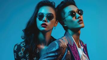 ai généré élégant asiatique couple dans des lunettes de soleil avec vibrant bleu toile de fond. photo