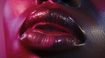 ai généré vibrant violet et rose pétillant lèvre maquillage fermer photo