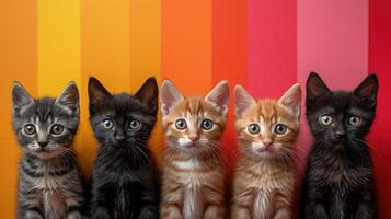 ai généré adorable chatons s'aligner contre une chaud coloré Contexte. photo