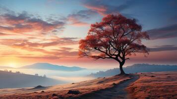 ai généré solitaire arbre contre ardent le coucher du soleil ciel sur brumeux flanc de coteau photo