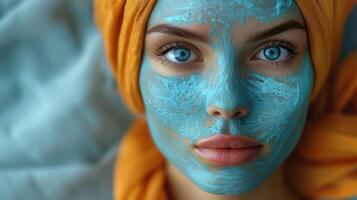 ai généré tranquille beauté avec turquoise faciale masque et brillant yeux photo