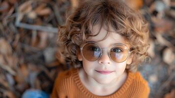 ai généré aux cheveux bouclés enfant avec des lunettes souriant en plein air. photo