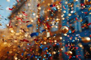 ai généré papiers confettis chute dans le brillant bleu ciel professionnel la photographie Contexte photo