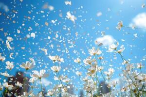 ai généré pétale fleurs confettis chute de une brillant bleu ciel sur un l'automne ou printemps professionnel la photographie photo