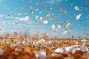 ai généré pétale fleurs confettis chute de une brillant bleu ciel sur un l'automne ou printemps professionnel la photographie photo