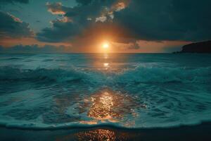 ai généré magnifique tropical le coucher du soleil sur océan plage professionnel la photographie photo