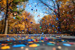 ai généré pétale fleurs confettis chute de une brillant bleu ciel sur un l'automne ou printemps professionnel la photographie photo