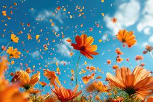 ai généré pétale fleurs confettis chute de une brillant bleu ciel sur un l'automne ou printemps professionnel la photographie photo