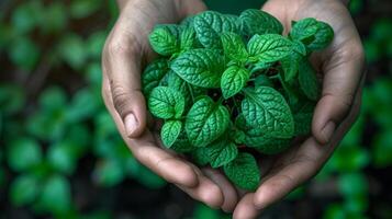 ai généré une paire de affaires mains en portant vert les plantes ensemble symbolise une vert affaires entreprise. agriculture et collaboration dans une vert entreprise. organisation et écosystème développement photo