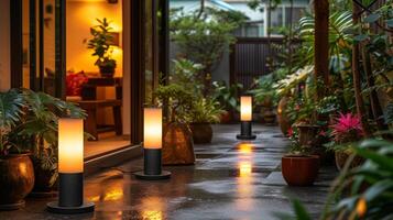 ai généré pendant le nuit, LED lumière des postes illuminé une arrière-cour jardin. Extérieur éclairage systèmes pour arrière-cours. photo