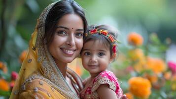 ai généré un Indien mère ayant amusement avec sa fille à l'extérieur - famille et l'amour concept - concentrer sur chrysanthèmes visage photo