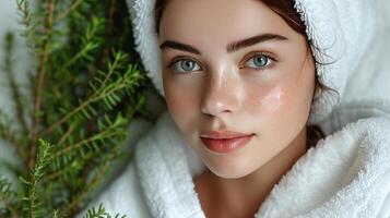 ai généré magnifique Jeune femme femme dans blanc peignoir de bain photo