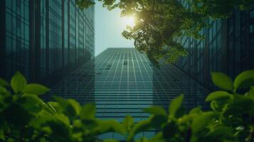 ai généré vert arbre branches avec feuilles et durable verre bâtiment pour réduire chaleur et carbone dioxyde. Bureau bâtiment avec vert environnement. photo