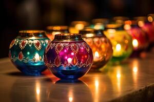 ai généré content diwali - coloré argile diya les lampes allumé pendant diwali fête avec copie espace photo