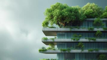 ai généré intégré vert bâtiment. respectueux de la nature. verre Bureau bâtiment avec des arbres pour réduire carbone dioxyde. Bureau avec vert environnement. entreprise structure à diminution co2. photo