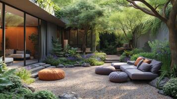 ai généré confortable Extérieur meubles, accent oreillers, et une relaxant réglage créer une tranquille jardin patio photo