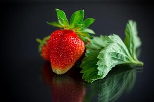 mûr juteux rouge fraise sur noir Contexte photo