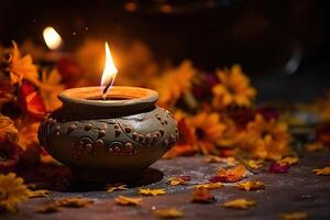 ai généré pétrole les lampes allumé sur coloré rangoli pendant diwali fête photo