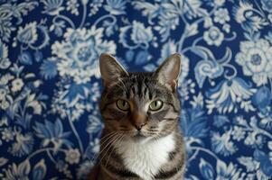 ai généré félin charme une magnifique chat posant contre une populaire printemps tapisserie photo