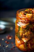 ai généré alimenté par les plantes délice vibrant fait maison Kimchi pot fermer photo