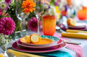 ai généré élégant printemps propager brunch dans audacieux et féminin couleurs photo