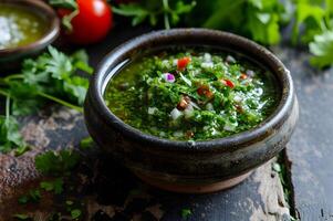 ai généré Petites tomates tango populaire à motifs salsa verde éclat photo