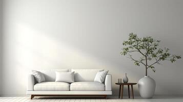 ai généré une vivant pièce avec blanc des murs et bois dur sol, comprenant une grand vert plante. concept de minimaliste conception. établi avec génératif ai photo